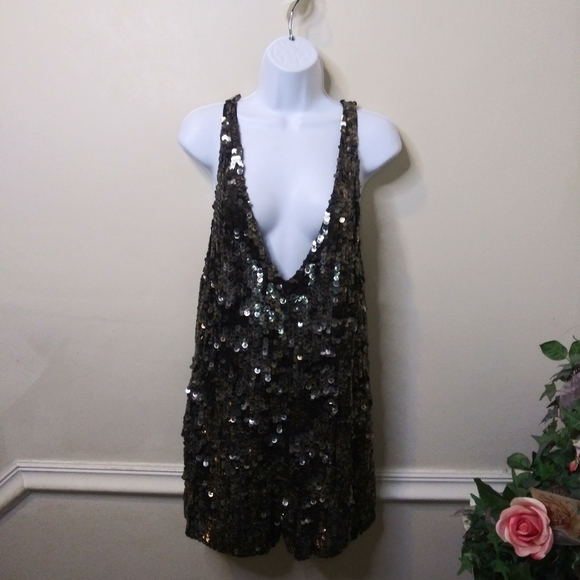 Free People Pants - Free People Sexy Navy & Silver Sequinned Plunging Neckline Romper